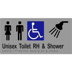 K-Jam Sign Unisex Accessible Toilets RH & Shower with Braille 300x150 Laminated Vinyl Silver over Black - KJ958LV12