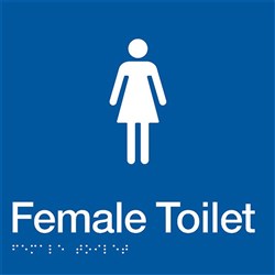 TTSM Female Toilet Sign with Tactile Braille, White on Blue PVC