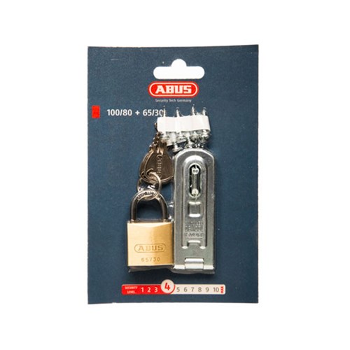 ABUS HASP & STAPLE & PADLOCK  100/80 PLUS 65/30 CARDED