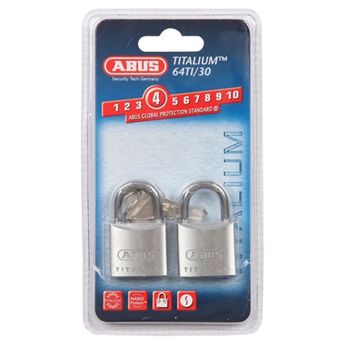 ABUS 64 Series Premium Padlock with 30mm Aluminium Body and 17mm Hardened Steel Shackle KA Twin Pack - 64TI30TWINSC