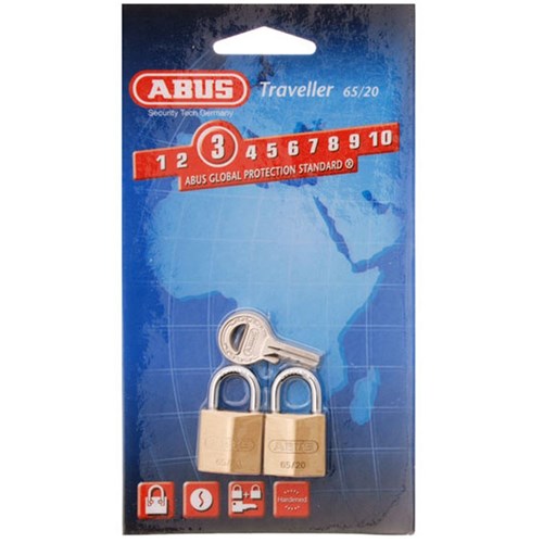 ABUS 65 Series Premium Padlock with 20mm Brass Body and 11.5mm Hardened Steel Shackle KA Twin Pack - 65/20TWINSC