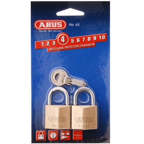 ABUS 65 Series Premium Padlock with 30mm Brass Body and 17mm Hardened Steel Shackle KA Twin Pack - 65/30TWINSC