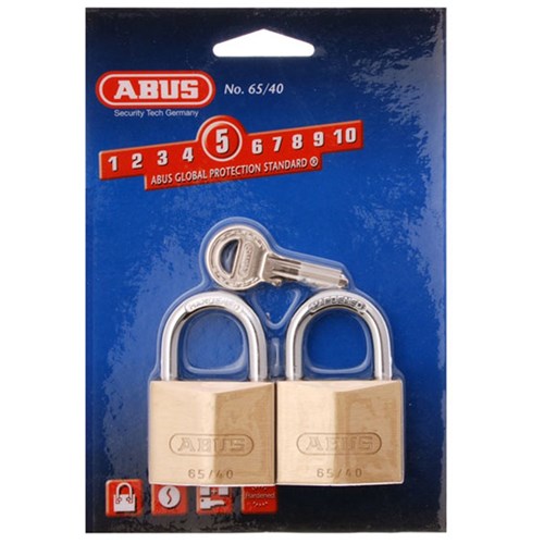 ABUS 65 Series Premium Padlock with 40mm Brass Body and 23mm Hardened Steel Shackle KA Twin Pack - 65/40TWINSC