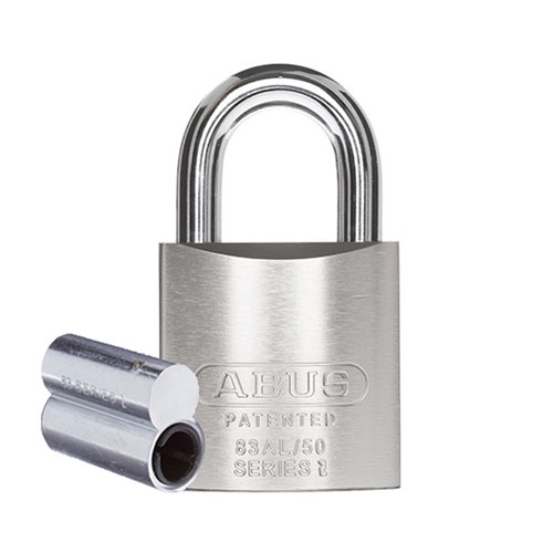 ABUS 83AL Series Premium Rekeyable Padlock with 50mm Silver Aluminium Body and 25mm Hardened Steel Shackle Less Plug - 83AL50NNATLP