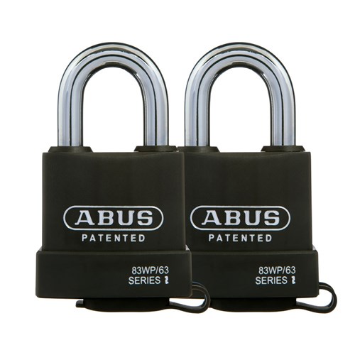 ABUS Extreme Series Premium Weatherproof Rekeyable Padlock with 63mm Black Covered Hardened Steel Body and 36mm Hardened Steel Shackle KA Twin Pack - 83WP63NTWINSC