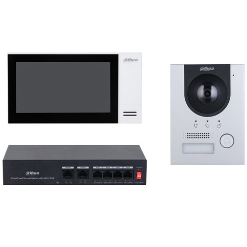 Dahua IP Video 1 Button Residential Intercom Kit with Surface Mount Door Station, 7inch Touch Screen Monitor and PoE Switch - DHI-KTP01L(S)