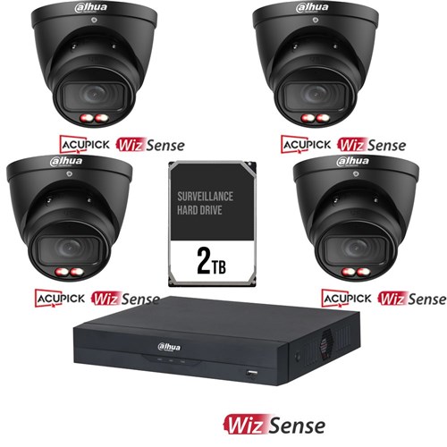 Dahua WizSense AI 8 Channel Camera Kit including 4x 6MP Black Eyeball Fixed Lens Cameras and 2TB HDD