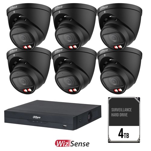 Dahua WizSense AI 8 Channel Camera Kit including 6x 8MP Black Eyeball Fixed Lens Cameras and 4TB HDD