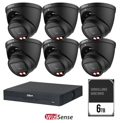 Dahua WizSense AI 8 Channel Camera Kit including 6x 8MP Black Eyeball Fixed Lens Cameras and 6TB HDD