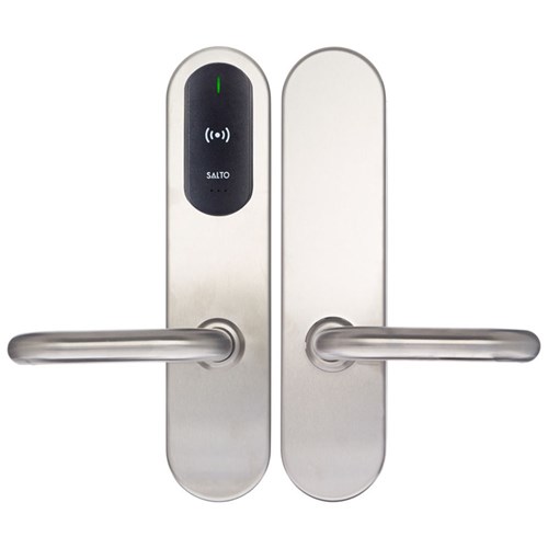 SALTO XS4 Original+ Escutcheon, Mifare BLE, 67mm Wide Body, U Handles, Satin Stainless Steel Finish with Black Reader, U Spindle Kit, For Indoor Use