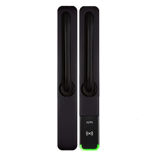 SALTO XS4 ONE Escutcheon with U Handles, HSE, BLE and Mifare DESfire, 7.6mm Spindle, Black Finish with Black Reader suit 42-47mm Door, For Upside Down Mounting on Sliding Door and Indoor Use.