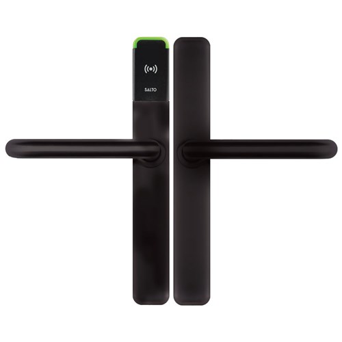 SALTO XS4 ONE Escutcheon with Z Handles, HSE, BLE and Mifare DESfire, 7.6mm Spindle, Black Finish with Black Reader, U Spindle, For Indoor Use.