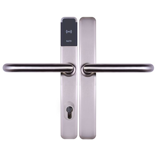 SALTO XS4 ONE Euro Escutcheon, Key Override Cutout, HSE, Z Handles, 7.6mm Spindle, Stainless Steel Finish with Black Reader, Universal Spindle For Indoor Use.