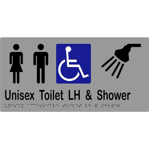 K-Jam Sign Unisex Accessible Toilets LH & Shower with Braille 300x150 Laminated Vinyl Silver over Black - KJ957LV12