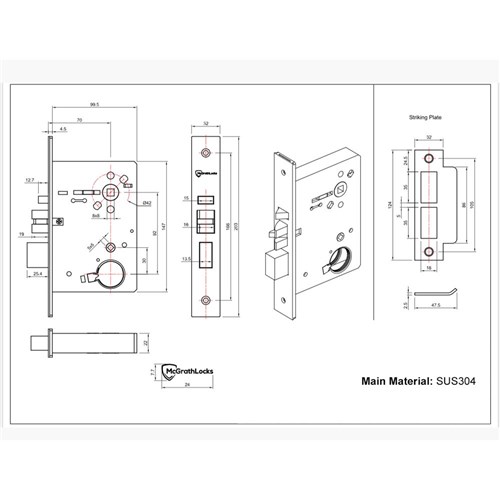McGrath Locks ANSI Mortice Lock With Locking Bolt, 70mm Backset in Satin Stainless Finish