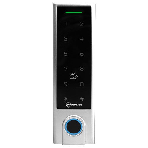 McGrath Locks TGFP43 Slimline Access Control Keypad With Fingerprint, BLE, RFID and Pin Code, 1000 Users, 12V DC, IP66 Rating, Silver Finish