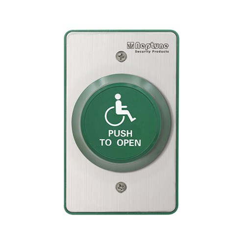 Neptune Press to Exit,ANSI,IP65,NO/NC/C,1.7mm SS,Disabled PUSH TO OPEN,Green,Spacer