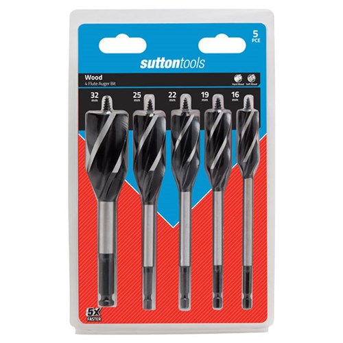 Sutton Auger Bit, 4 Flute, Tungsten Chrome Alloy, 5 Piece Set - D5140005