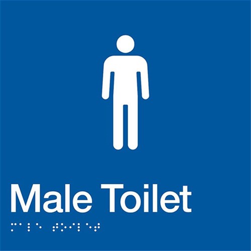 TTSM Male Toilet Sign with Tactile Braille, White on Blue PVC