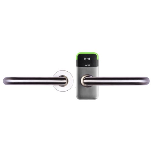 SALTO XS4 Mini Metal Escutcheon for Australian Mortice with Z Handles, HSE, BLE and Mifare DESfire, Universal Spindle, Stainless Steel Finish with Black Reader.