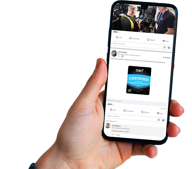 Hand holding phone showcasing techEd badge